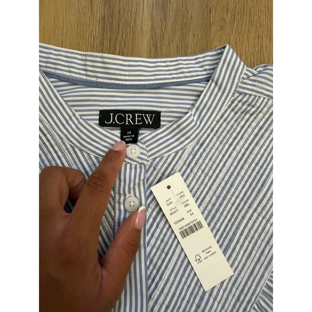 J.Crew cotton poplin Blue White Pinstripe Ruffle Band Collar Shirt stripe  plus